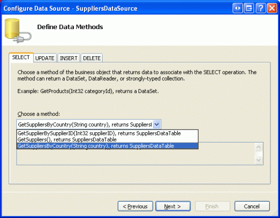 SELECT 탭이 열려 있는 데이터 원본 구성 - SuppliersDataSource 창의 스크린샷. GetSupplierByCountry 메서드 옵션이 선택되고 다음 단추가 강조 표시됩니다.