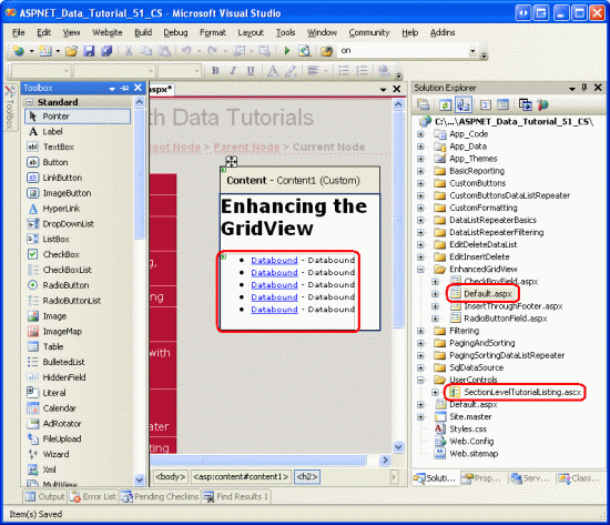 SectionLevelTutorialListing.ascx 사용자 컨트롤을 추가하여 Default.aspx