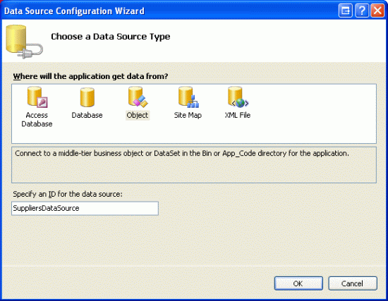 SuppliersDataSource라는 새 ObjectDataSource 만들기