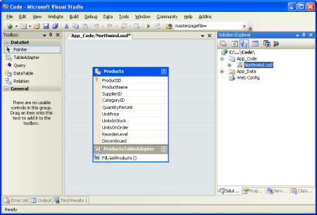 Products DataTable 및 ProductsTableAdapter가 형식화된 데이터 세트에 추가되었습니다.