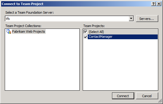 팀 프로젝트에 연결 대화 상자에서 연결할 TFS instance 선택하고 팀 프로젝트 컬렉션을 선택하고 추가할 팀 프로젝트를 선택한 다음 연결을 클릭합니다.