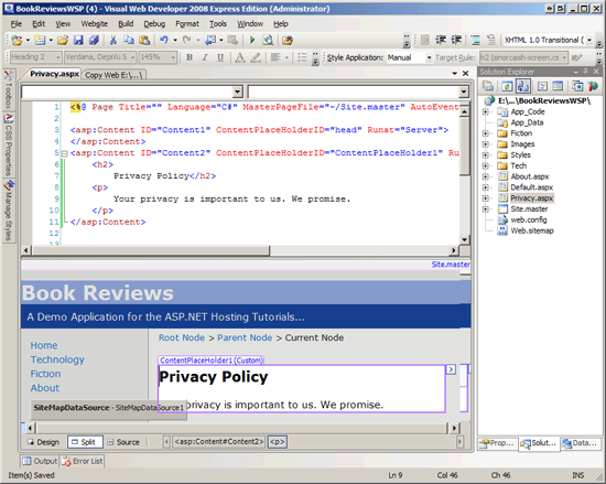 웹 사이트의 루트 폴더에 새 페이지 명명된 <코드>Privacy.aspx</코드> 추가