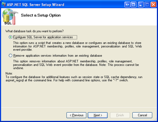 Application Services를 위한 SQL Server 구성 옵션을 선택하십시오