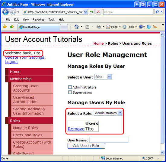 Tito는 관리자 역할에 있으므로 UsersAndRoles.aspx 페이지를 방문할 수 있습니다.