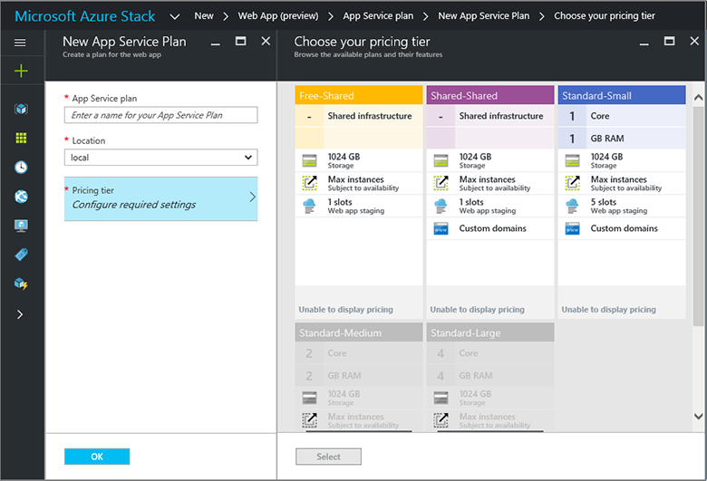 Azure Stack Hub 관리자 포털의 새 App Service 계획에 대한 가격 책정 계층