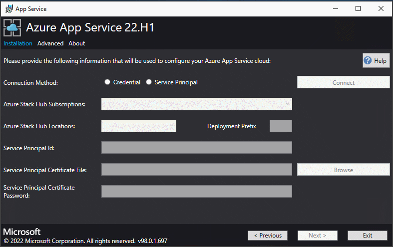 App Service 설치 프로그램에서 Azure Stack Hub 구독 정보를 지정하는 위치를 보여주는 스크린샷