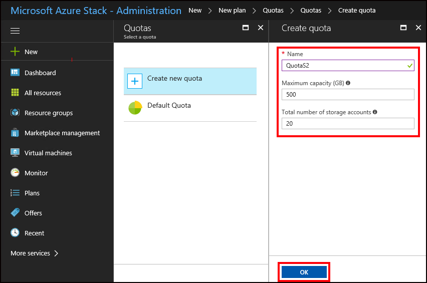 Azure Stack Hub에서 새 계획에 대한 새 할당량 만들기