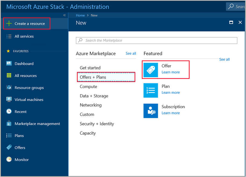 Azure Stack Hub 관리 포털에서 새 제품을 만드는 방법을 보여 주는 스크린샷