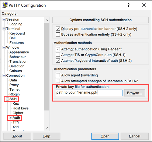 PuTTY 구성 창 - SSH 프라이빗 키