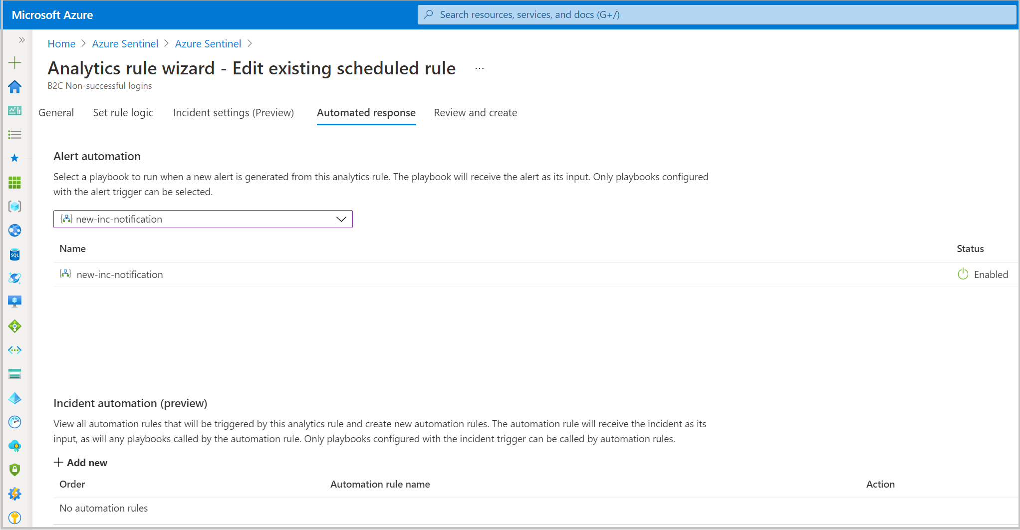 Screenshot of automated response options for a rule.