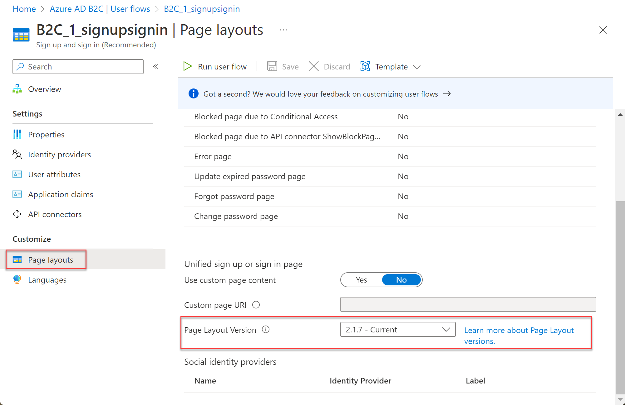 Page layout settings in portal showing page layout version dropdown