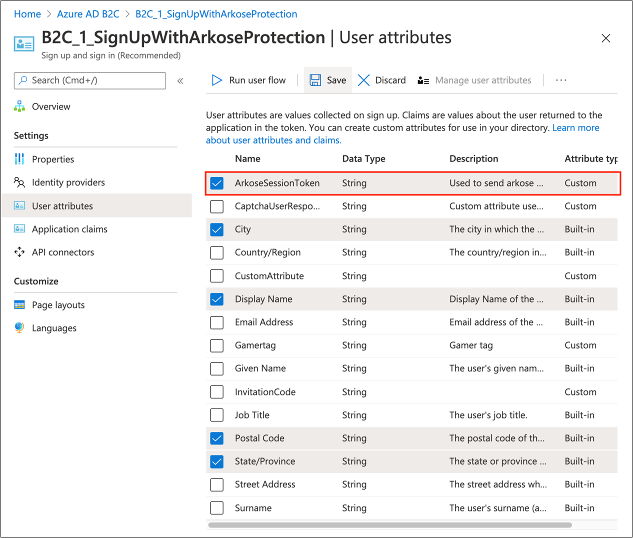 Screenshot of the Arkose Session Token under User attributes.