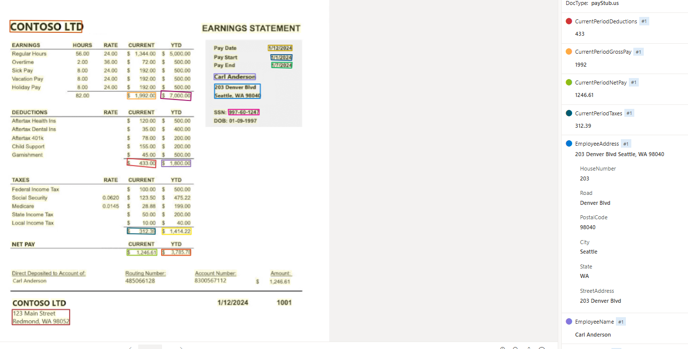 Document Intelligence Studio를 사용한 유료 스텁 모델 추출의 스크린샷.