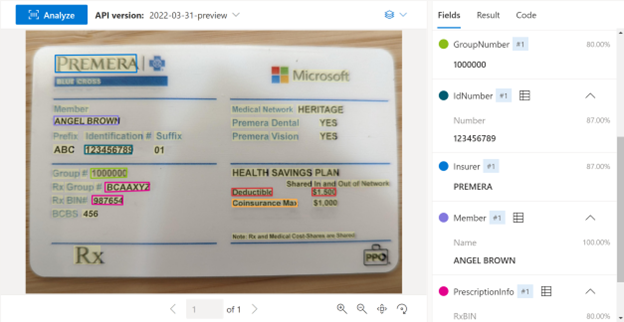 Document Intelligence Studio에서 처리된 샘플 건강 보험 카드의 스크린샷