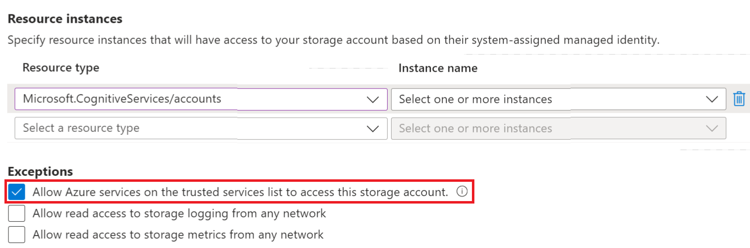 Azure Portal에서 신뢰할 수 있는 서비스 허용 확인란을 보여 주는 스크린샷.