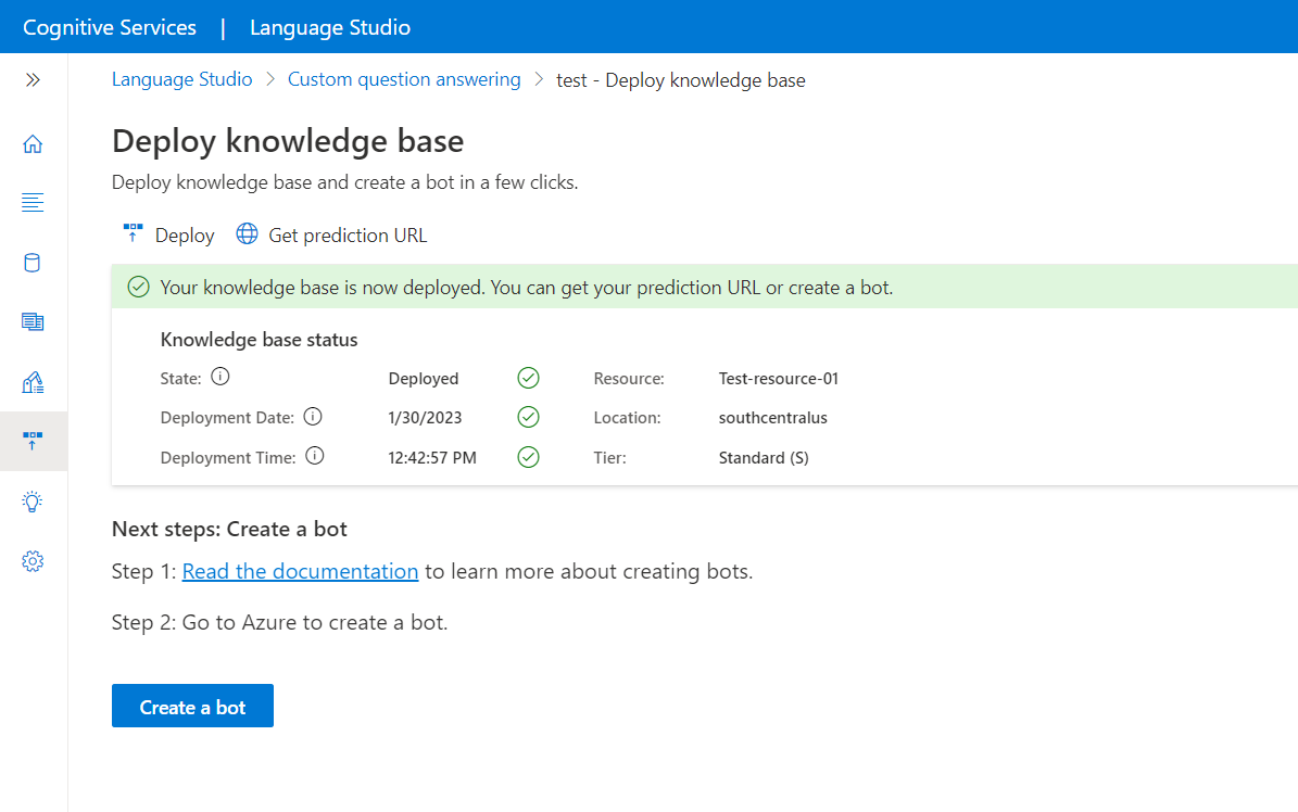 Azure에서 봇을 만드는 옵션이 있는 UI 스크린샷