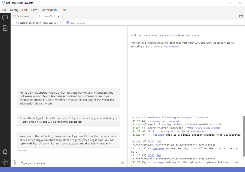 첫 번째 대화 턴의 Bot Framework Emulator에 대한 스크린샷.