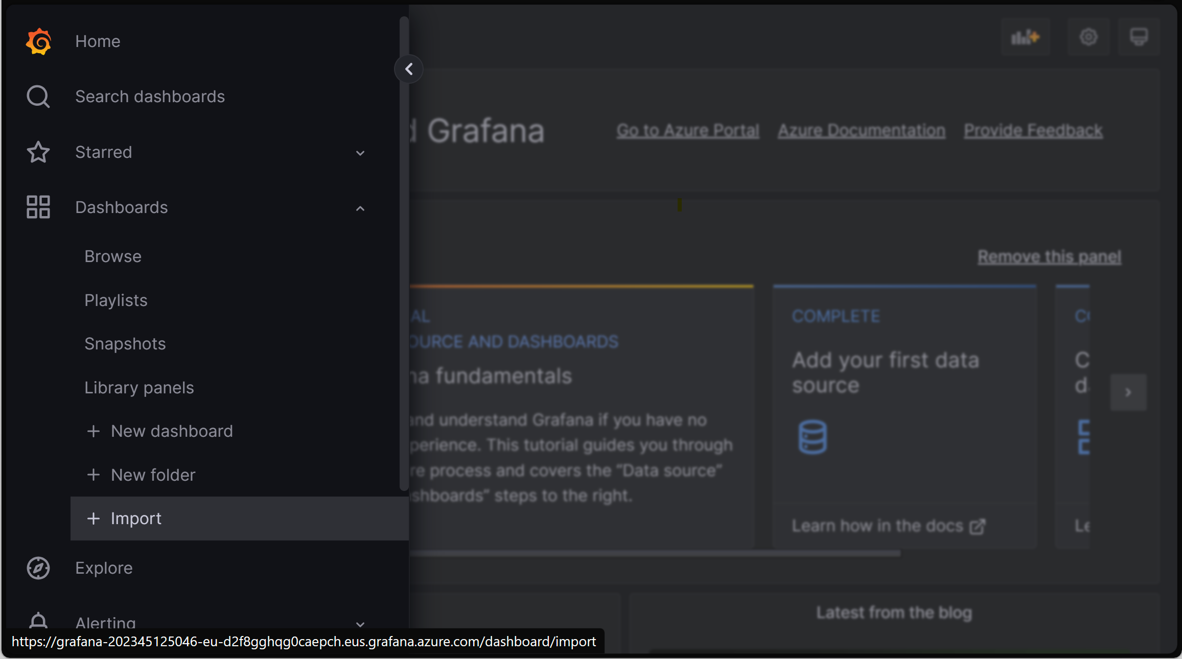 가져오기 대시보드가 강조 표시된 Grafana 인스턴스를 보여 주는 브라우저의 스크린샷.