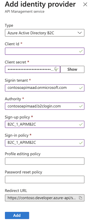 포털의 Active Directory B2C ID 공급자 구성 스크린샷.