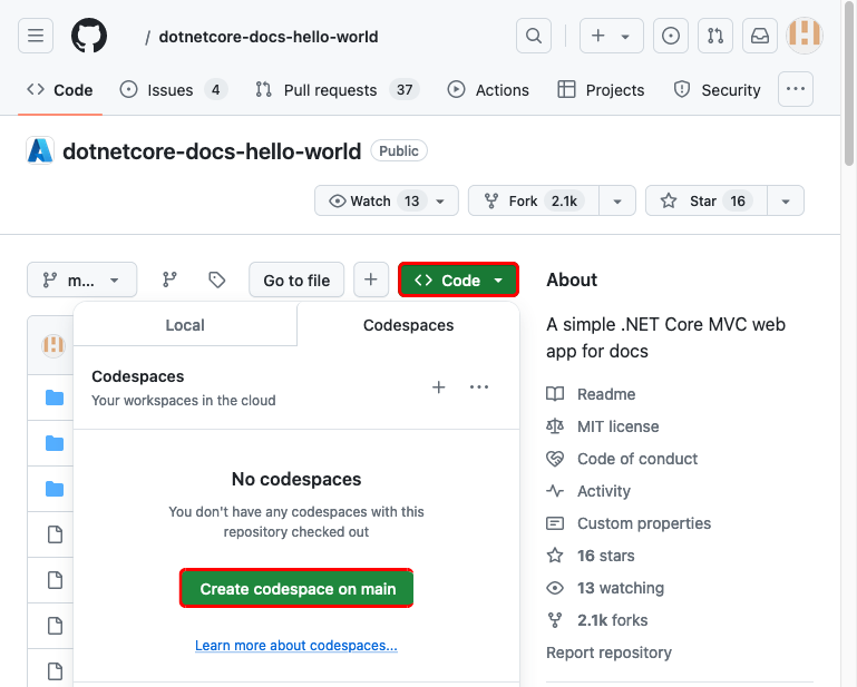 포크된 dotnetcore-docs-hello-world GitHub 리포지토리에서 codespace를 만드는 방법을 보여 주는 스크린샷.