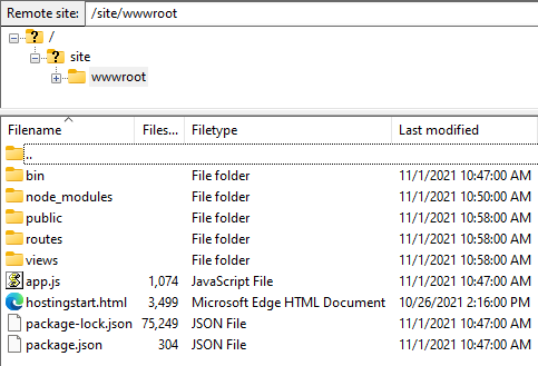 /site/wwwroot 디렉터리의 스크린샷.