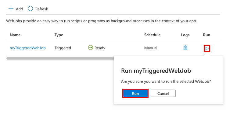 Azure Portal에서 수동으로 트리거된 WebJob을 실행하는 방법을 보여 주는 스크린샷