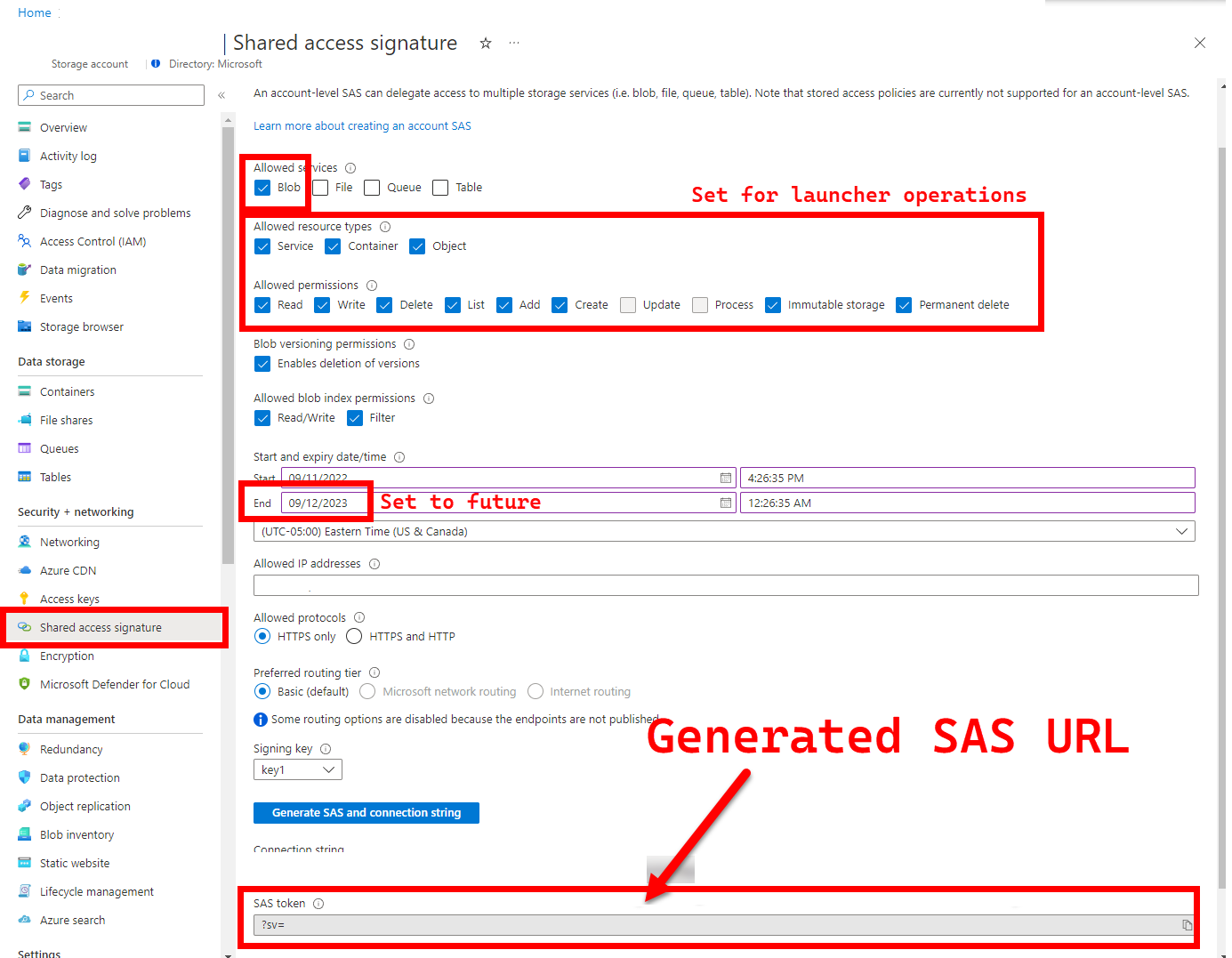 Azure Portal의 공유 액세스 서명 세부 정보의 스크린샷.