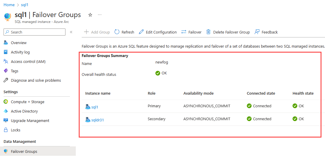 Azure Portal 장애 조치(failover) 그룹의 스크린샷.