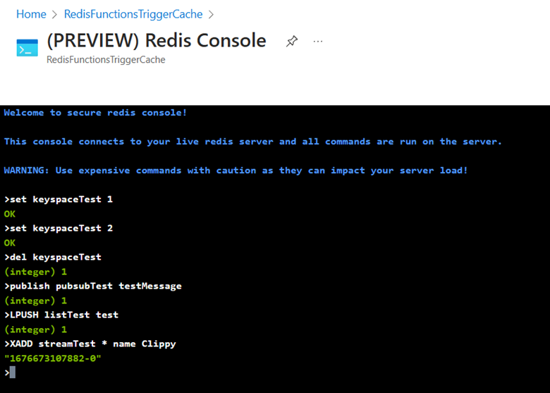 콘솔과 일부 Redis 명령 및 결과의 스크린샷.