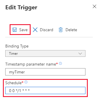 Azure Portal의 함수 타이머 일정 업데이트 페이지 스크린샷.