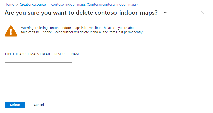 Azure Maps Creator 리소스 삭제 확인 페이지의 스크린샷.
