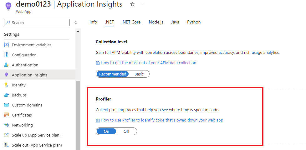 웹앱에 .NET Profiler를 사용하도록 설정하는 방법의 스크린샷