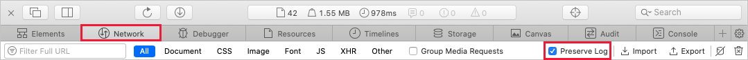 네트워크 탭의 로그 유지 옵션을 보여 주는 스크린샷