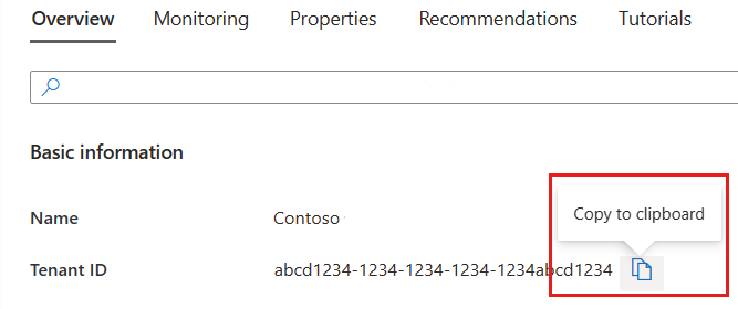 Azure Portal에서 테넌트 ID를 복사하는 옵션을 보여 주는 스크린샷.