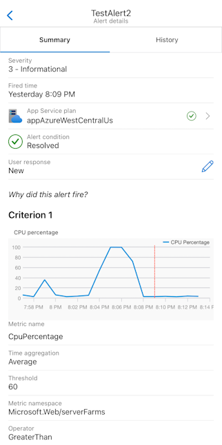 Azure 모바일 앱의 경고 세부 정보 페이지 스크린샷.