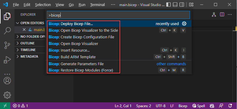 명령 팔레트의 Visual Studio Code Bicep 명령 스크린샷