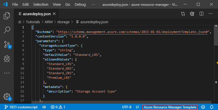 Azure Resource Manager 템플릿 모드의 Visual Studio Code 스크린샷.