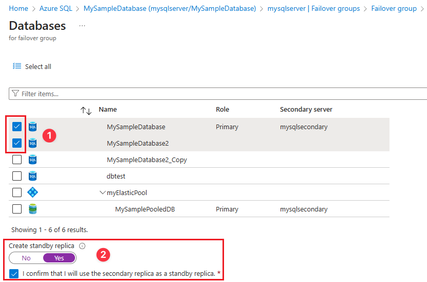 Azure Portal의 장애 조치(failover) 그룹 데이터베이스 창 스크린샷