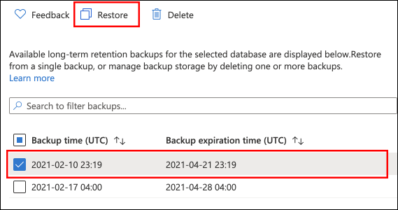 Azure Portal에서 사용 가능한 LTR 백업에서 복구할 수 있는 위치를 보여주는 스크린샷