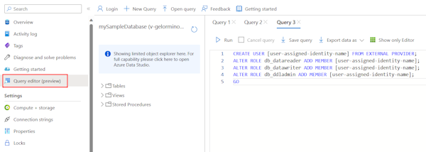 Azure 쿼리 편집기를 사용하여 관리 ID에 대한 SQL 사용자를 생성하는 방법을 보여주는 스크린샷.