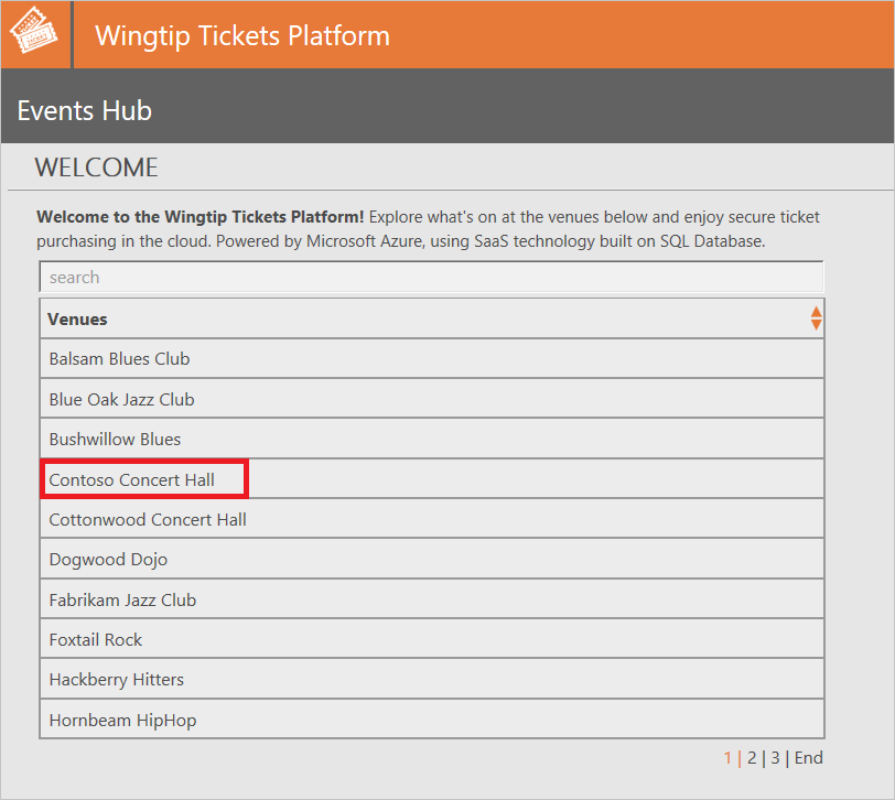 샘플 애플리케이션의 이벤트 허브 페이지 스크린샷. Contoso Concert Hall의 항목은 빨간색으로 입력됩니다.