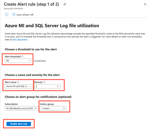 Azure Portal의 Azure Monitor에 대한 경고 규칙 페이지의 스크린샷. 경고 규칙 생성 페이지(2단계 중 1단계)에는 알림에 사용할 임계값, 알림 이름 및 심각도, 알림에 대한 알림 그룹(선택 사항)이 표시됩니다.