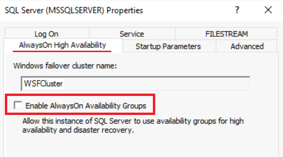 SQL Server에서 Always On 옵션이 사용하도록 설정되었는지 확인하는 스크린샷