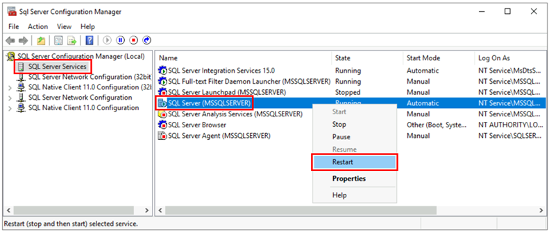 SQL Server 다시 시작 명령 호출을 보여 주는 스크린샷