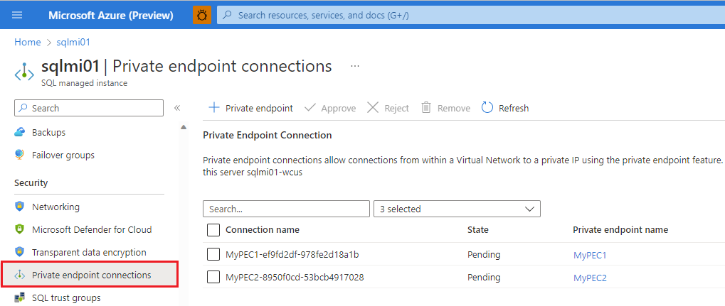 두 개의 보류 중인 연결을 보여 주는 Azure Portal, 프라이빗 엔드포인트 연결 페이지의 스크린샷