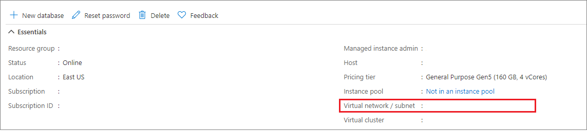 SQL Managed Instance 개요 섹션의 스크린샷.