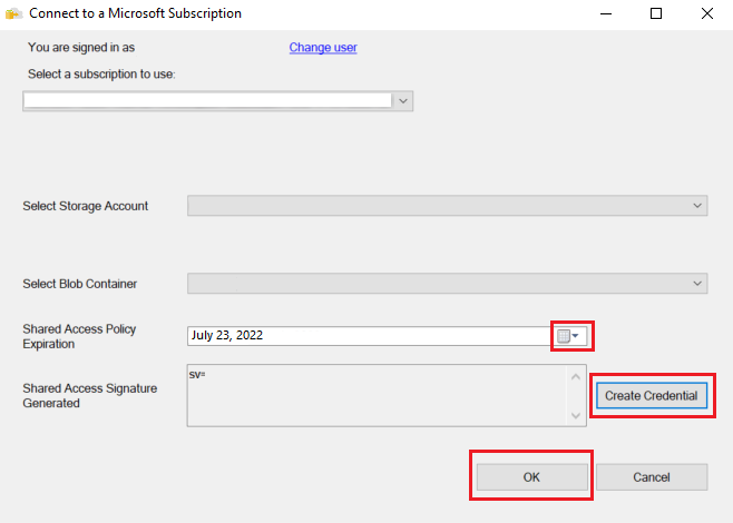 Microsoft 구독에 연결 대화 상자의 스크린샷. 자격 증명 만들기, 확인, 공유 액세스 정책 만료 상자가 호출됩니다.