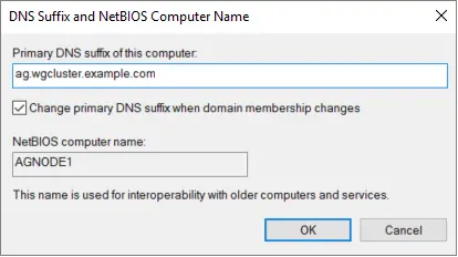 스크린샷에 값을 입력할 수 있는 DNS 접미사와 NetBIOS 컴퓨터 이름 대화 상자가 표시됩니다.