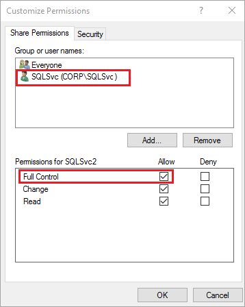 공유에 대한 모든 권한이 있는 두 개의 SQL Server 서비스 계정을 사용하는 권한 사용자 지정 대화 상자의 스크린샷