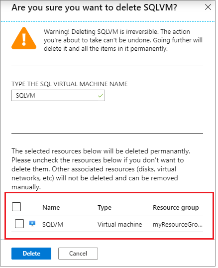 실제 가상 머신이 삭제되지 않도록 VM을 선택 취소한 후 삭제를 선택하여 SQL VM 리소스 삭제를 계속하는 방법을 보여 주는 스크린샷.